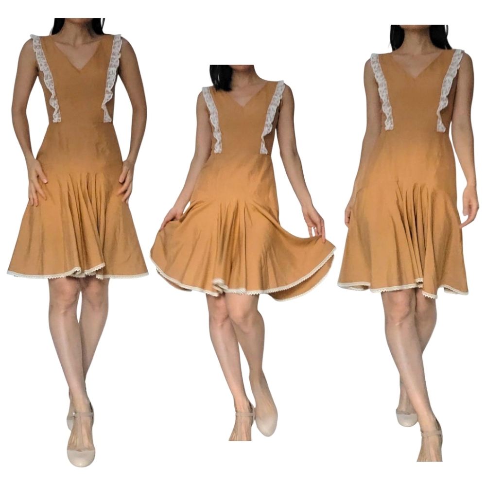 Nicole Van Dyke Wool Silk Vintage-Inspired Camel Dress Lace Ruffle Flared Skirt